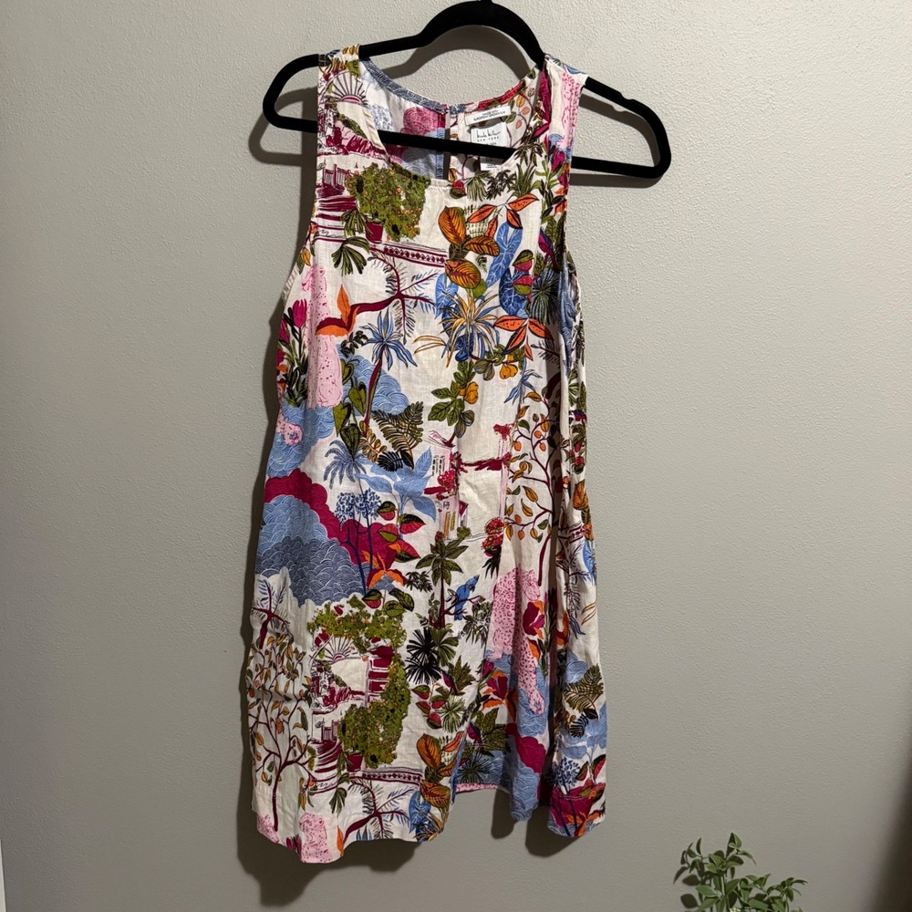 Nicole Miller New York Linen Tropical Jungle Toile Shift Dress Pink Leopard M